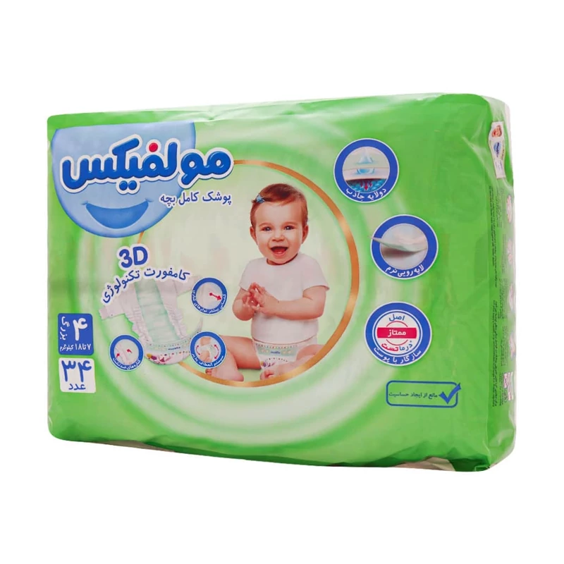 پوشک کودک چسبی مولفیکس مدل اقتصادی سه بعدی سایز 4 بسته 34 عددی