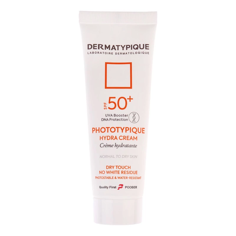 فلوئید ضد آفتاب بدون رنگ درماتیپیک مدل hydra cream محافظ UVA،UVB مناسب برای پوست خشک حجم 40 میلی لیتر