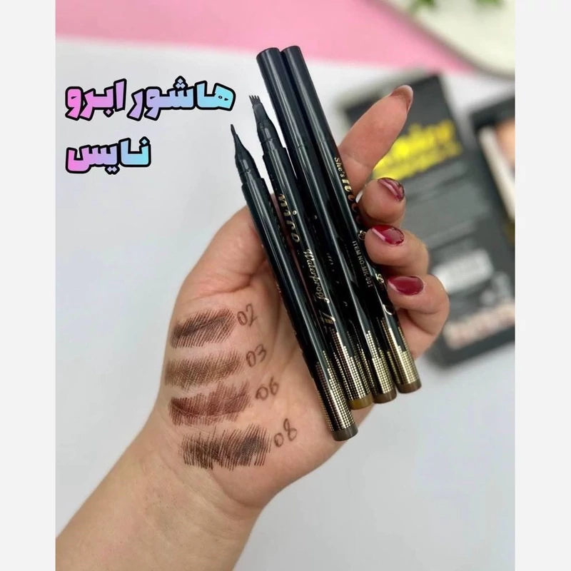 هاشور ابرو 4 خط برند نایس Nice رنگ فندقی و مات ضد آب و 48 ساعته ضد ریزش و حساسیت تاریخ مصرف 2028.9