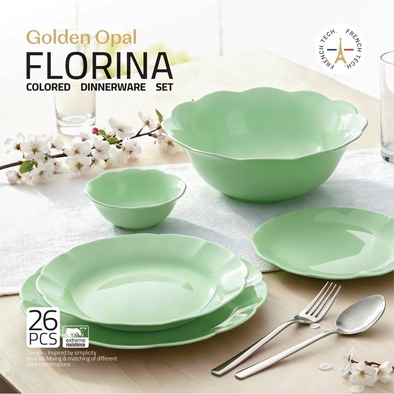سرویس غذاخوری اوپال 26 پارچه 6 نفره گلدن اوپال مدل Florina