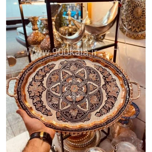 سینی مس نقره کوب پایه و دسته دار طول 44