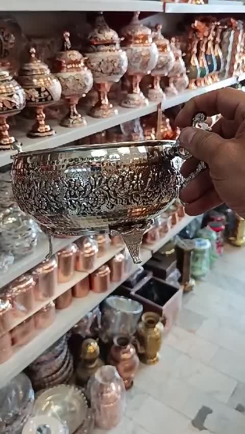 تخمه یا پسته خوری مسی گلبرگ کروم دسته دار سه پایه