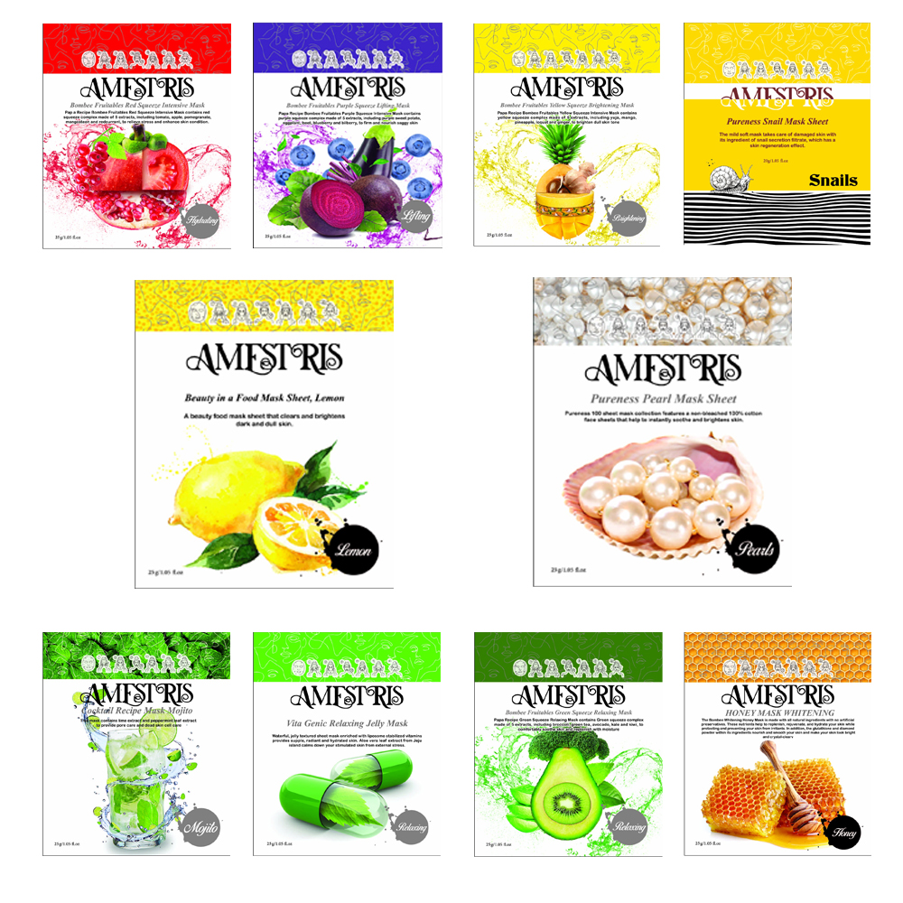ماسک ورقهای صورت آمستریس مدل میوهای 25 گرم بسته 10 عددی با عصاره طبیعی، آبرسان قوی، ترمیمکننده، روشنکننده، کوچککنند