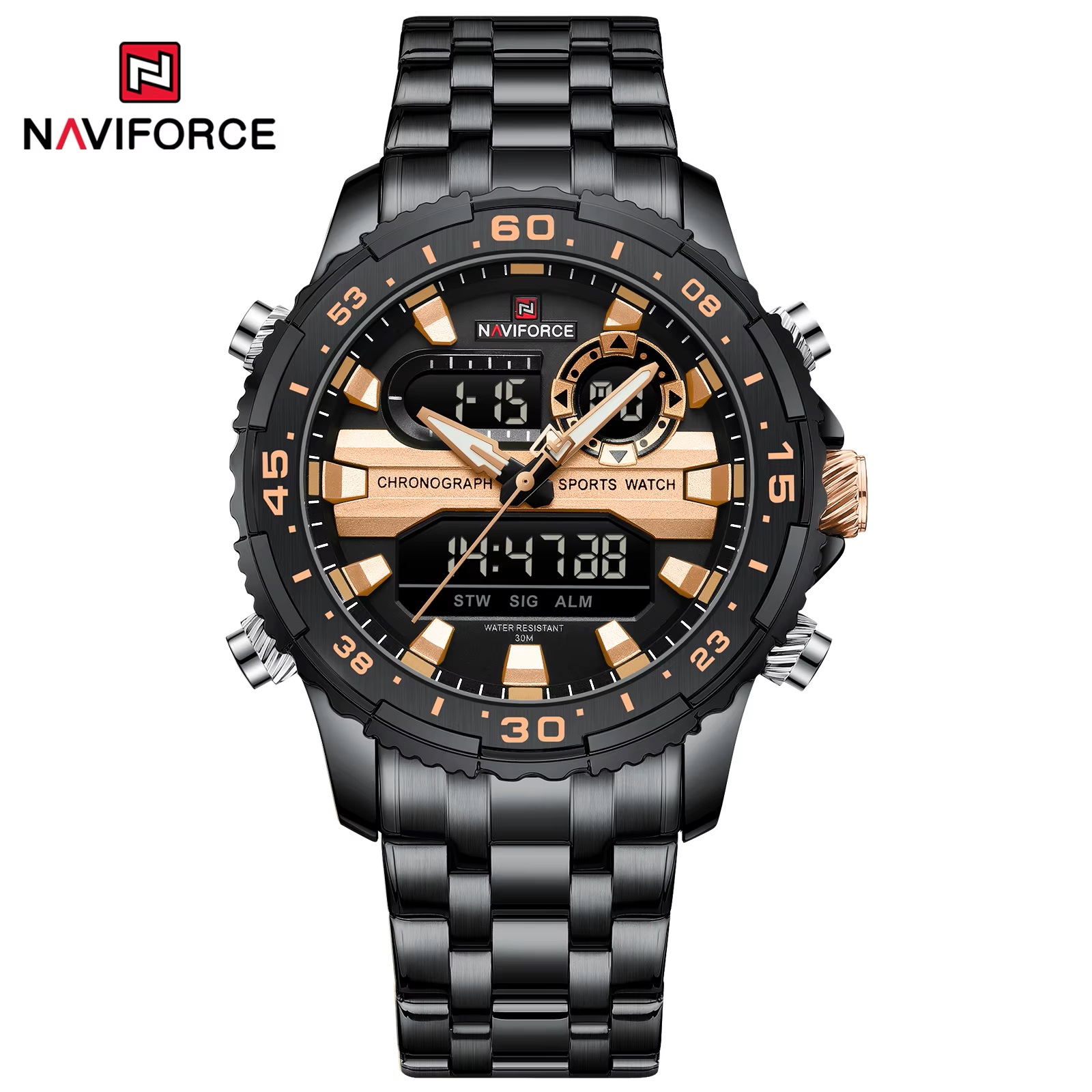 ساعت مچی مردانه نیوی فورس مدل NAVIFORCE 9234 رزگلد مشکی 