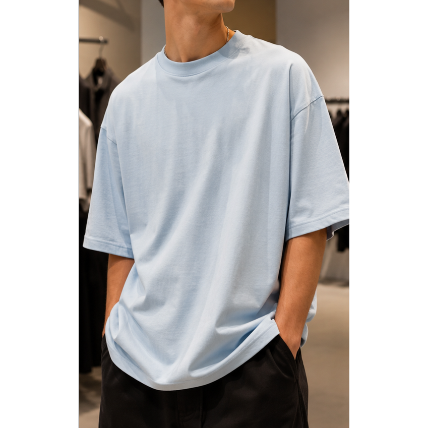 تی شرت باکسی (Oversize) قواره دار رنگ آبی آسمانی روشن (Baby Blue) Light Sky Blue Oversized Essential Tee