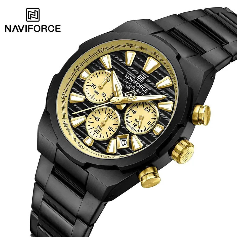 ساعت مچی نیوی فورس اورجینال مردانه مدل Naviforce NF8081 مشکی طلایی (سه موتوره)