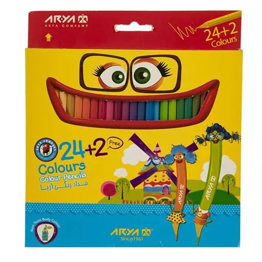 مدادرنگی 26 رنگ آریا (24 عدد با دو رنگ اضافه)، Arya Colored Pencil، جنس چوبی