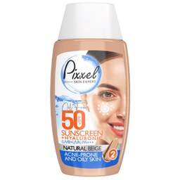  کرم ضدآفتاب پیکسل - رنگ بژ طبیعی - مناسب پوست جوشدار و چرب - SPF 50 - حاوی هیالورونیک اسید با جذب سریع - کرم سبک