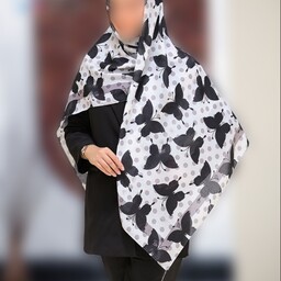روسری نخی منگوله دار زمینه طوسی خالدار پروانه مشکی با ارسال رایگان