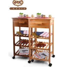 میز ترولی یا استند آشپزخانه  مناسب نگهداری سیب زمینی پیاز چوبی 3 طبقه و 1 کشو چرخدار