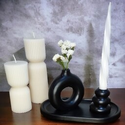 ست اکسسوری دکوری بتنی سنگ مصنوعی گلدان دونات سینی جا شمعی و شمع مارپیچ