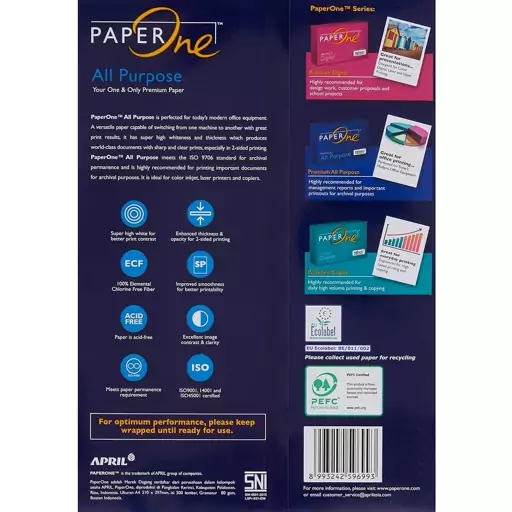  کاغذ PaperOne(TM)، 80 GSM، اندازه A4، قالب 500 برگ(اصل اندونزی)