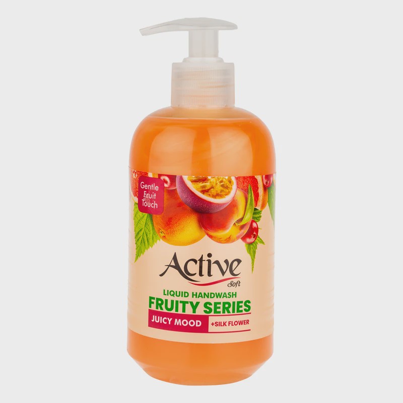 مایع دستشویی نارنجی صدفی اکتیو مدل Fruity series با رایحه پشن فروت حجم 450 میلی لیتر