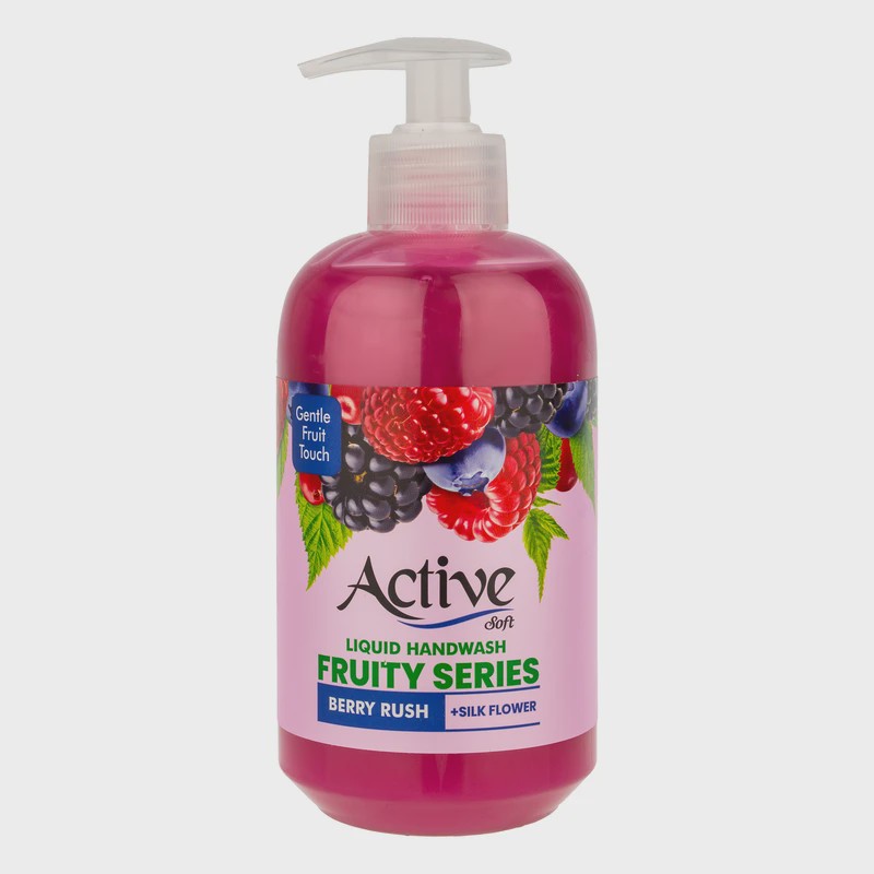 مایع دستشویی بنفش صدفی اکتیو مدل Fruity series با رایحه میوه های بری حجم 450 میلی لیتر