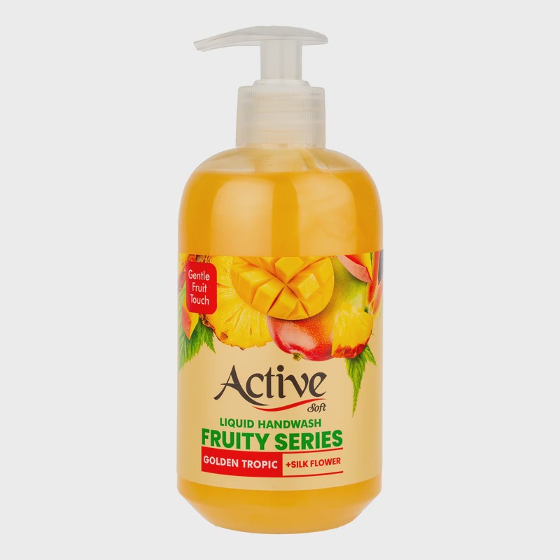 مایع دستشویی زرد صدفی اکتیو مدل Fruity series با رایحه میوه های استوایی حجم 450 میلی لیتر