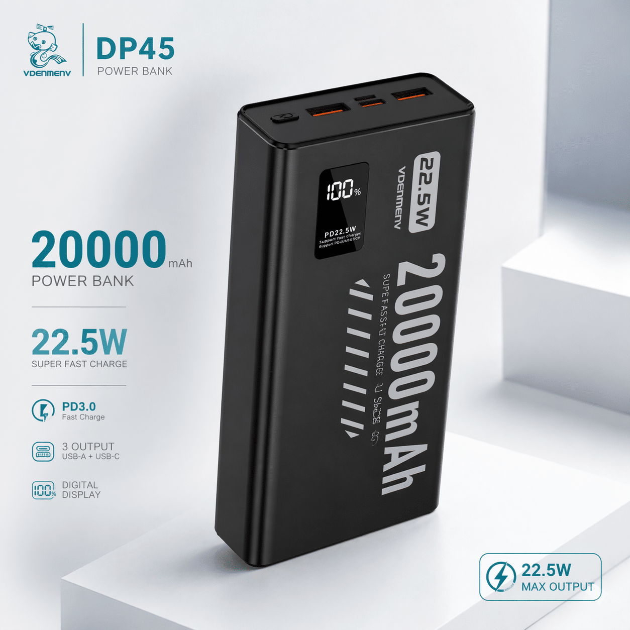 پاوربانک 20000 میلیآمپر 22.5 وات فست شارژ DP45 PD3.0 با نمایشگر دیجیتال
