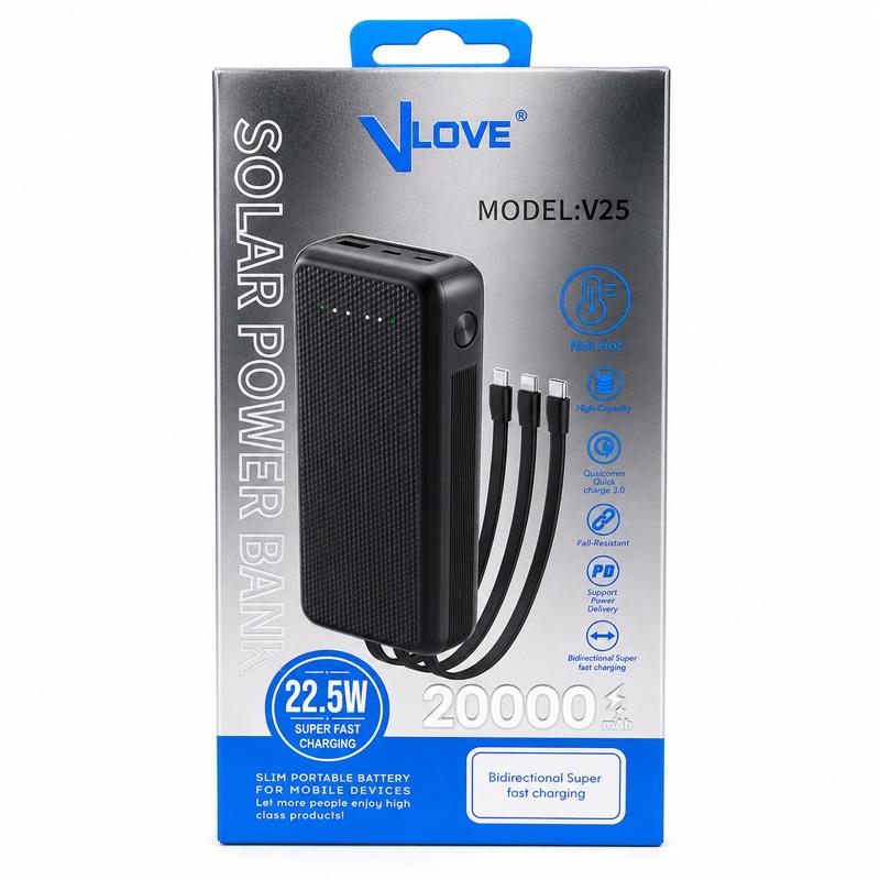پاوربانک 22.5وات سولار مدل VLOVE-V25ظرفیت 20000میلی آمپرساعت