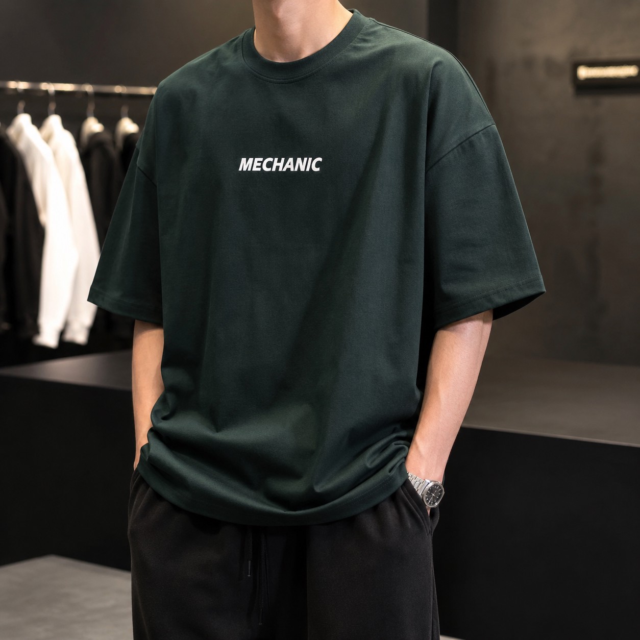 تی شرت لش باکسی مینیمال طرح مکانیک رنگ سبز یشمی Forest Green Mechanic Boxy-Fit Heavyweight Premium Tee