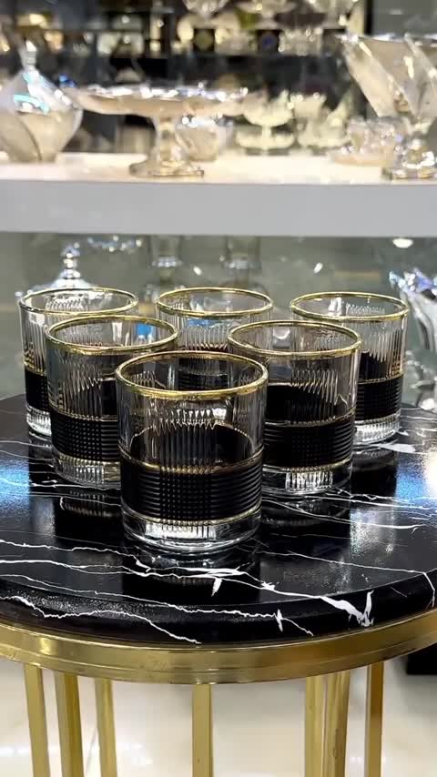 لیوان طرح خطی مشکی طلایی کد 54121 (6 تایی)
