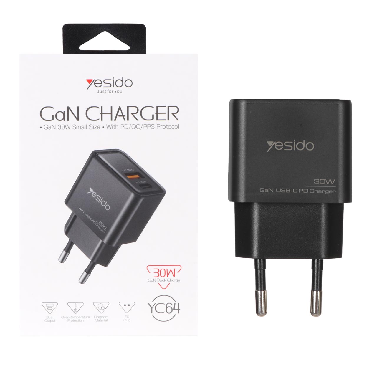 شارژر دیواری PD و فست دو پورت Yesido مدل YC64 30W - مشکی (گارانتی 18 ماه تعویض نیکان همراه) مجهز به فناوری GAN