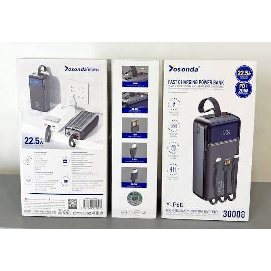 پاوربانک 30000 میلی آمپر YOSONDA مدل Y-P60 فست شارژ 22.5 وات با ظرفیت بالا