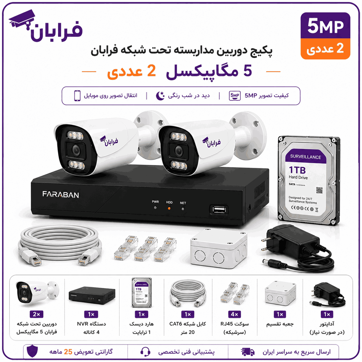 خرید پکیج دوربین مداربسته تحت شبکه فرابان 5 مگاپیکسل 2 عددی