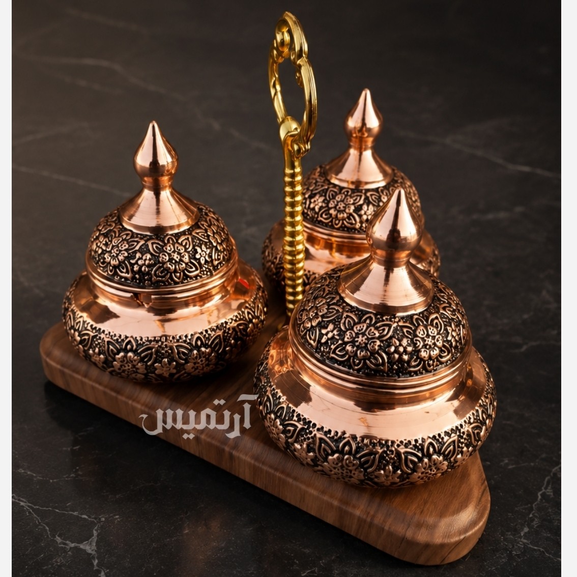 جا ادویه مسی سه تایی پایه چوبی آفتابگردان