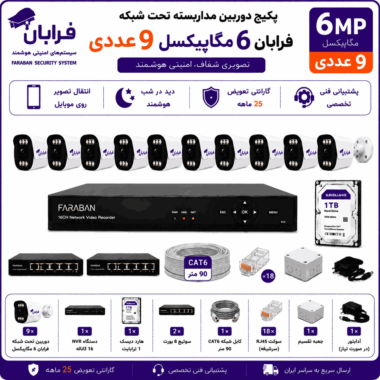 پکیج دوربین مداربسته تحت شبکه فرابان 6 مگاپیکسل 9 عددی