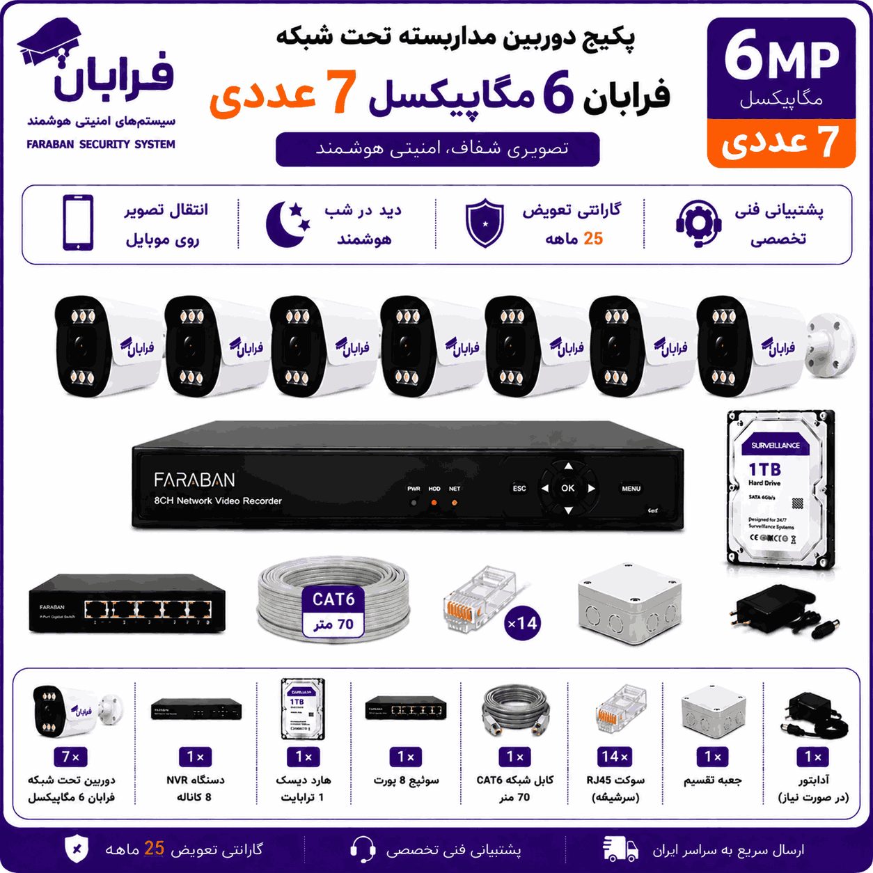 پکیج دوربین مداربسته تحت شبکه فرابان 6 مگاپیکسل 7 عددی