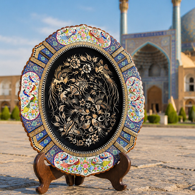 قلمزنی بیضی طرح گل و مرغ با قاب مینیاتور و خاتم 60در70