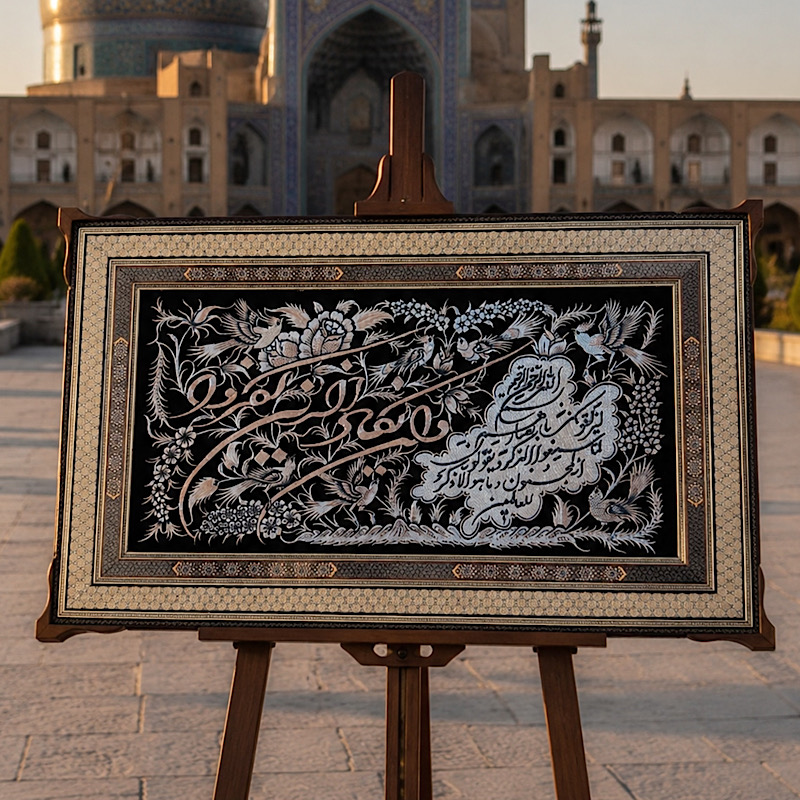 قلمزنی طرح ان یکاد با قاب خاتم کاری ترنج 60در100