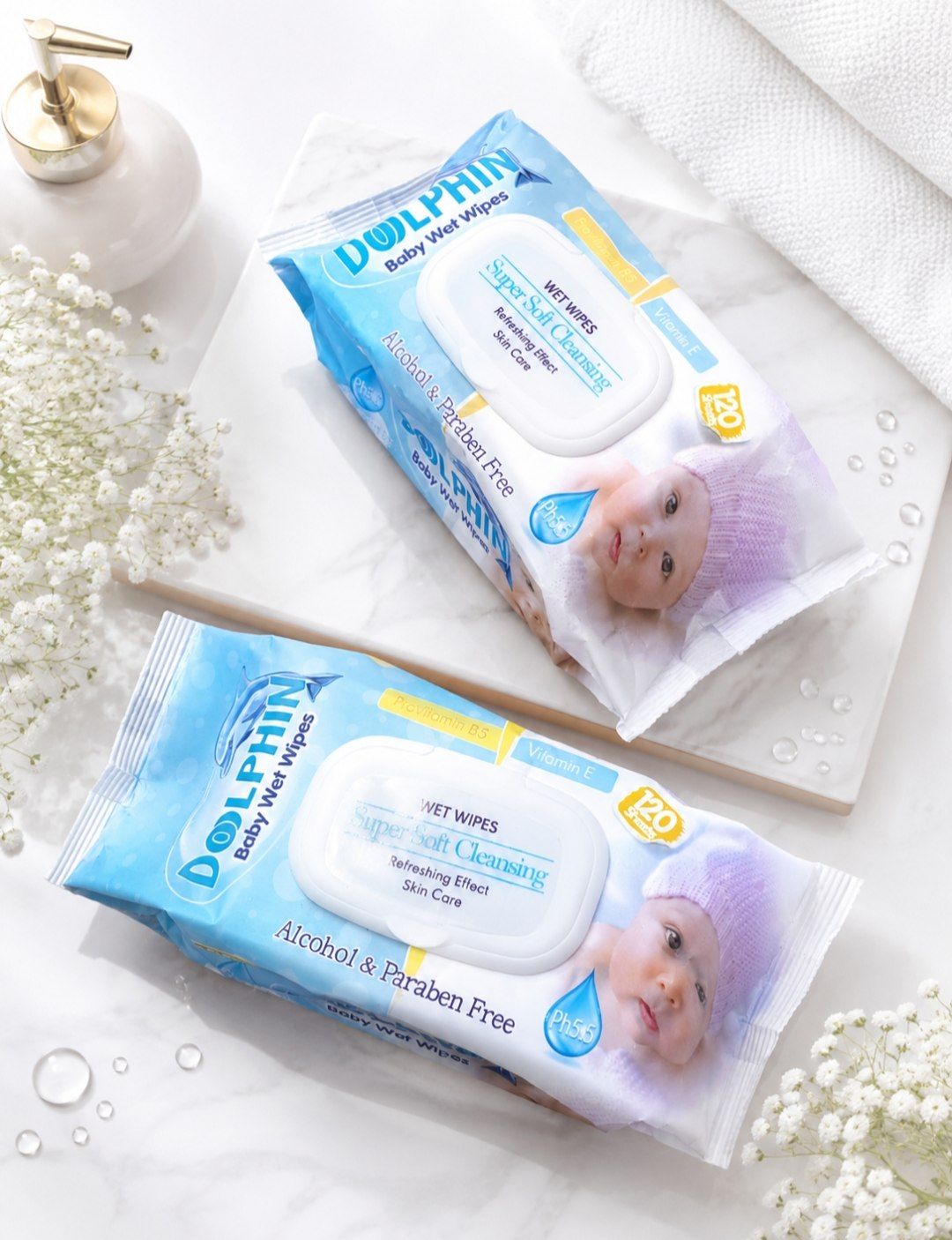 لونا ارایشی 🍼 دستمال مرطوب نوزاد دلفین 120 عددی 👶🏻 120 عددی و کاملاً اقتصادی