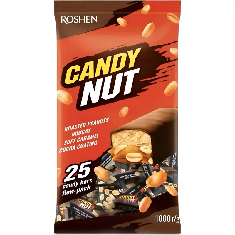 شکلات پذیرایی کندی نات مشکی روشن Roshen مدل Candy Nut بزرگ با کرم کارامل و بادام زمینی بسته 1 کیلویی