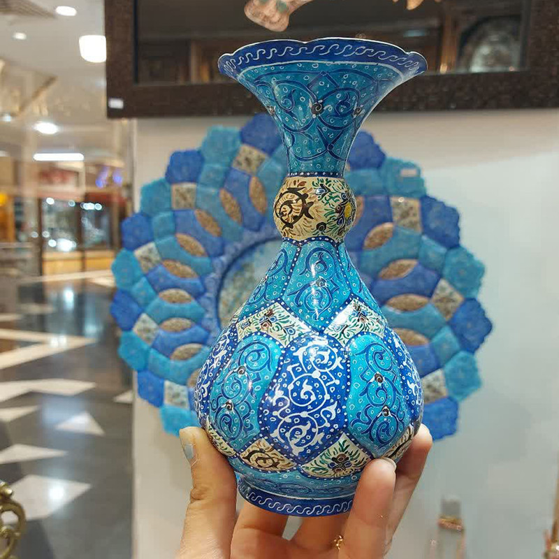 گلدان میناکاری مسی مدل اسلیمی ختایی کد 098