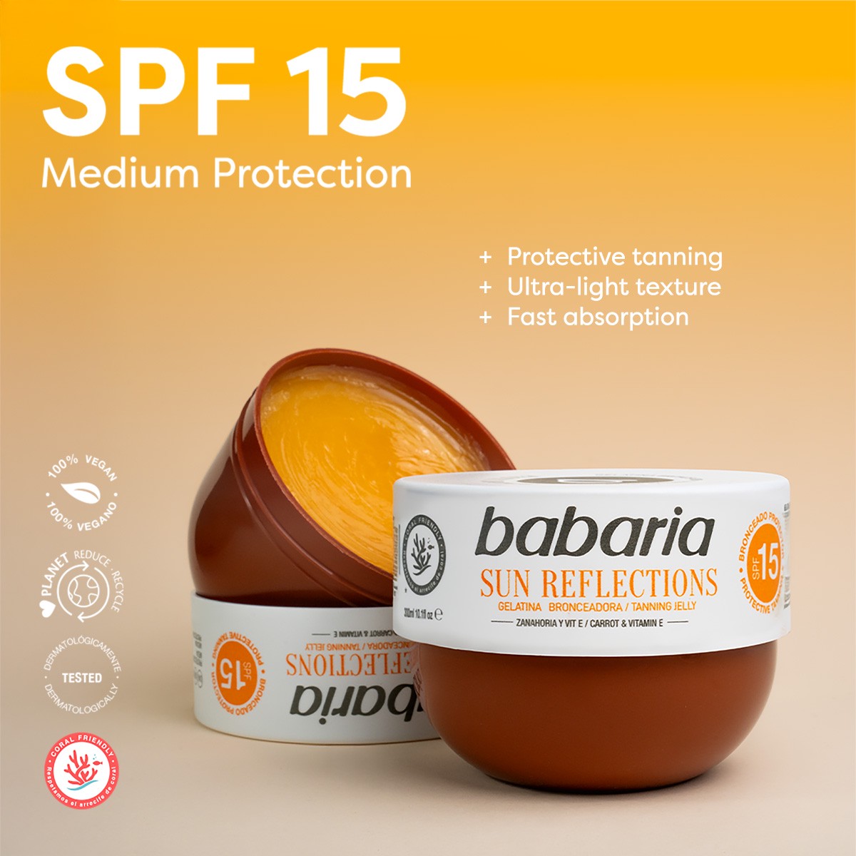 ژل برنزه کننده باباریا مدل Sun Reflections هویج و ویتامین E با SPF 15 حجم 300 میلی لیتر