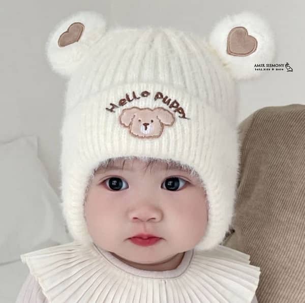 کلاه زمستانه نوزادی روگوشی طرح HELLO PUPPY