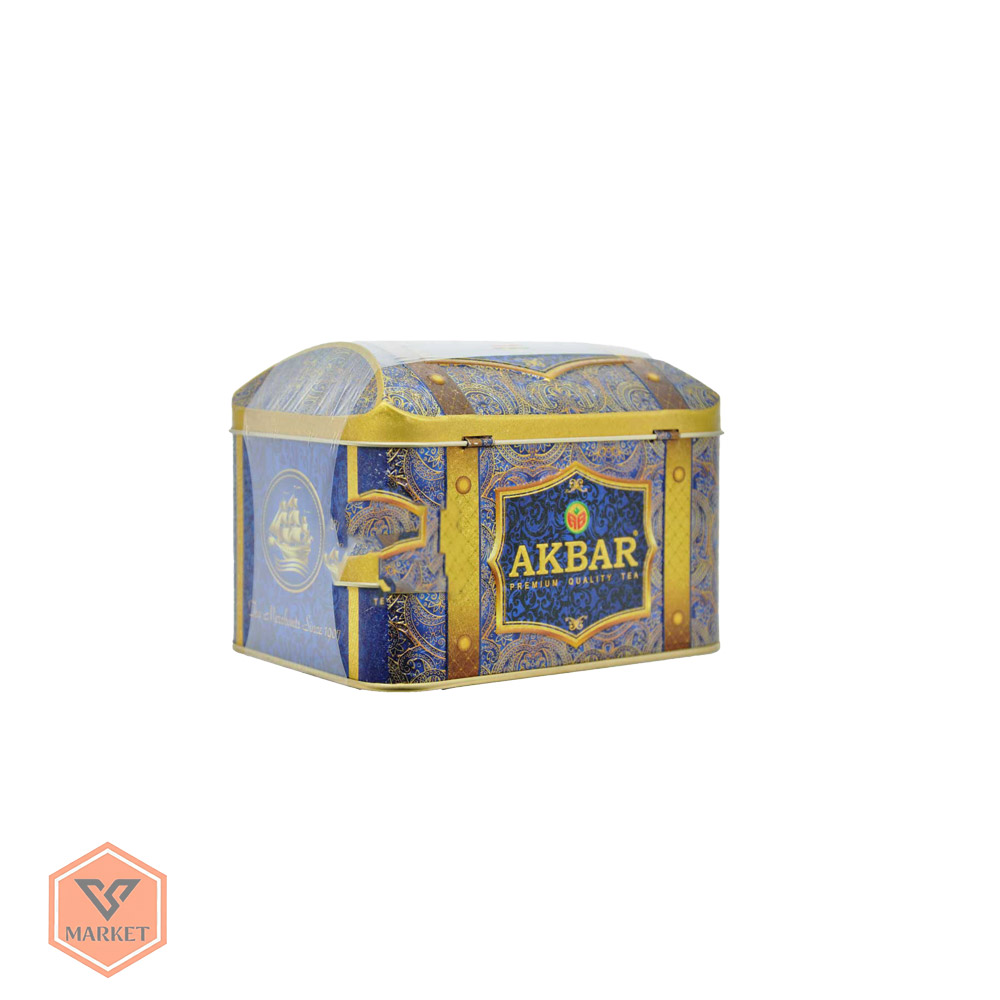 چای سیاه سیلان اکبر ممتاز – قوطی فلزی لوکس طرح صندوقچه گنج آبی ( 250 گرمی)
