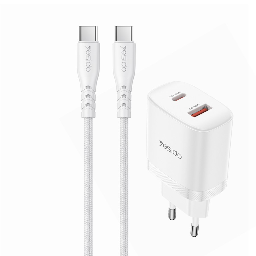 شارژر دیواری دو پورت یسیدو مدل YC106 با USB-C PD 20W، USB-A QC 18W به همراه کابل USB-C به USB-C یک متری