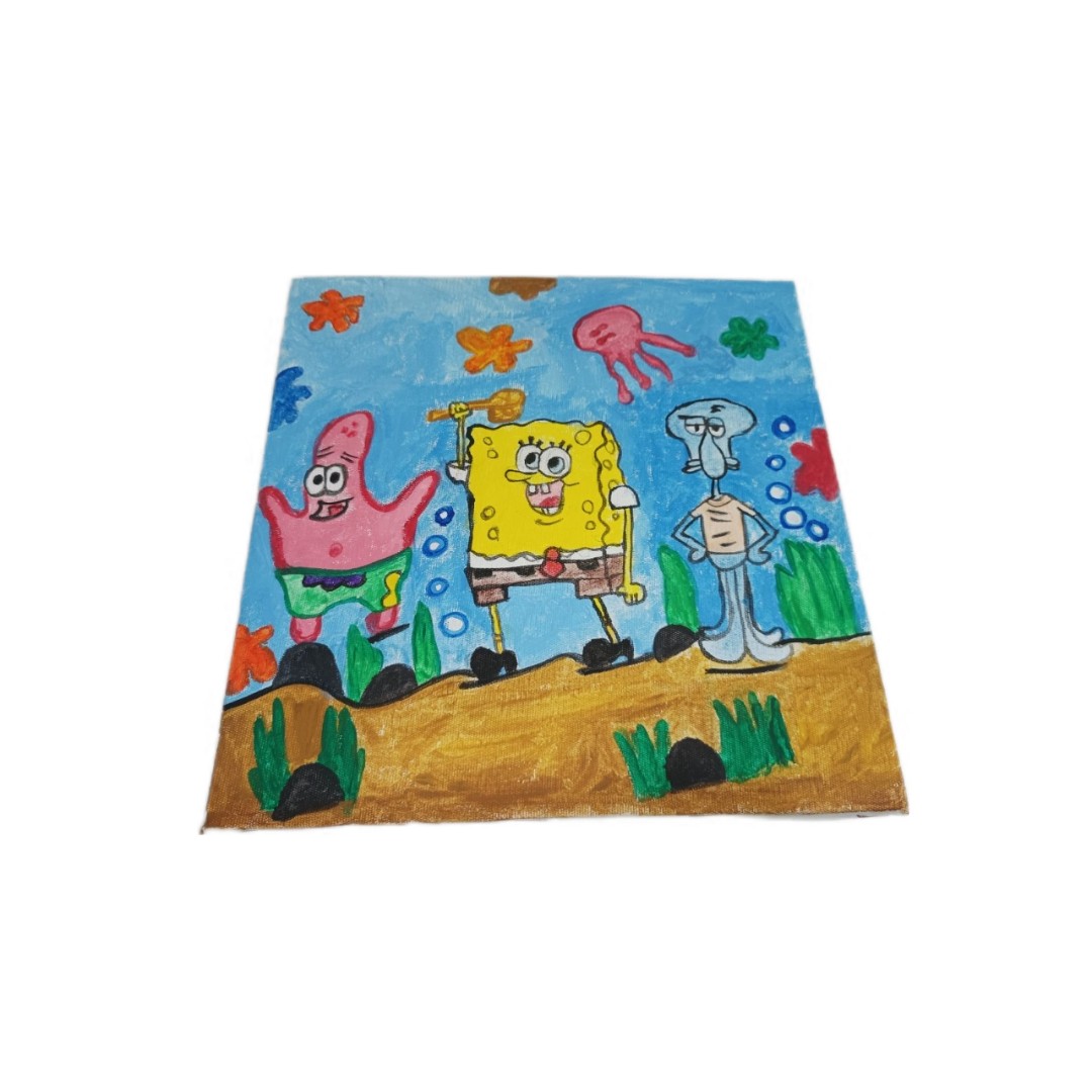 تابلو نقاشی با گواش طرح باب اسفنجی روی بوم 25*25