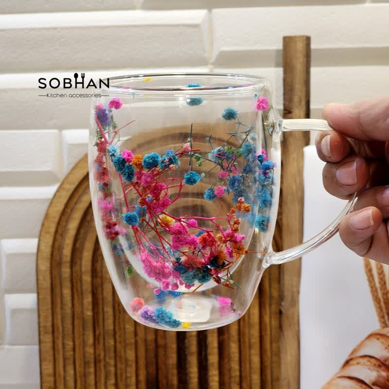 ماگ دوجداره پیرکس گلدار دسته دار