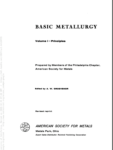 خرید و دانلود نسخه کامل کتاب Basic metallurgy. Edited by A.W. Grosvenor. v.1 – Pdf