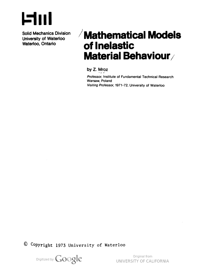 خرید و دانلود نسخه کامل کتاب Mathematical models of inelastic material behaviour BY Mroz – pdf