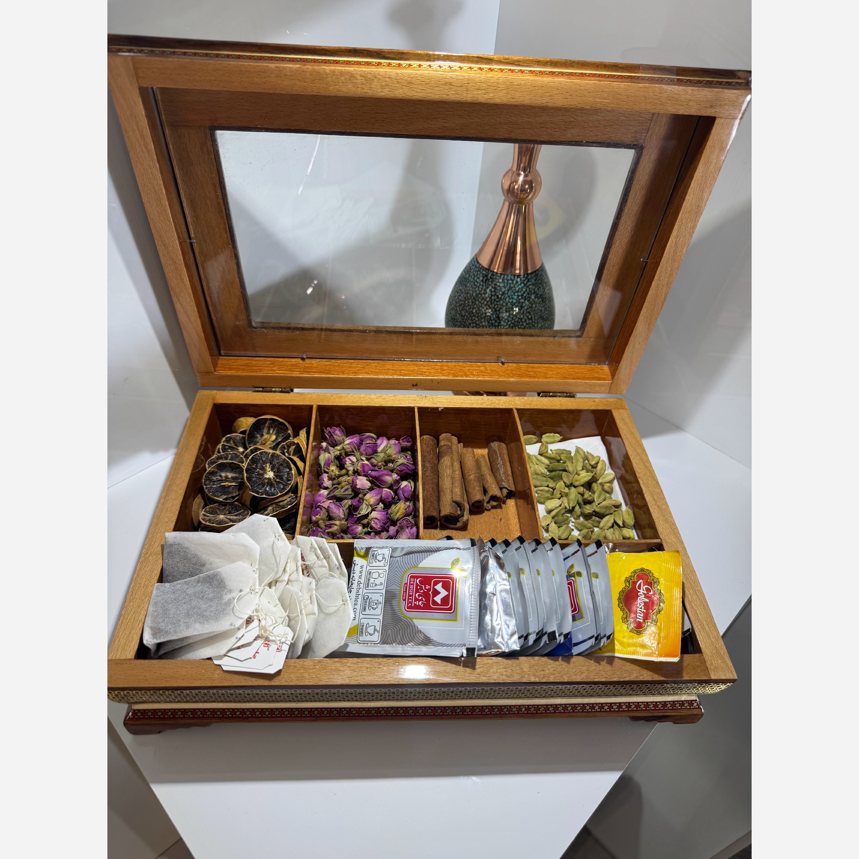 جعبه پذیرایی چوبی (جعبه دمنوش، جعبه تی بگ)خاتم کاری مدل سیمی رو شیشه