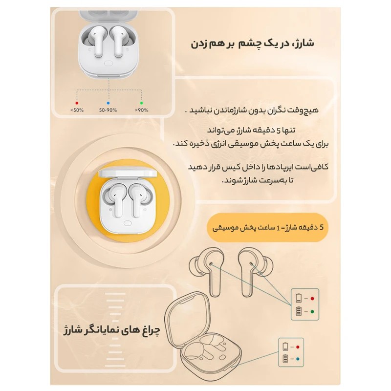 هدفون بلوتوثی کیو سی وای مدل T13 TWS با نویز کنسلینگ میکروفون (ENC) درگاه شارژ -USB Type