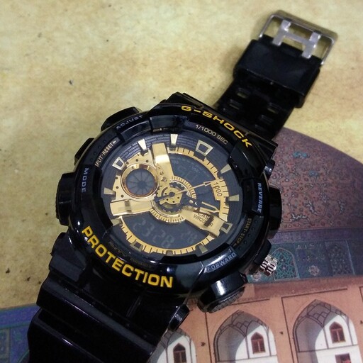 جی شاک ساعت مچی مردانه دوزمانه مشکی طلایی براق  اسپرت G-SHOCk دوموتوره SPORTضدآب کرنومتردار آلارم