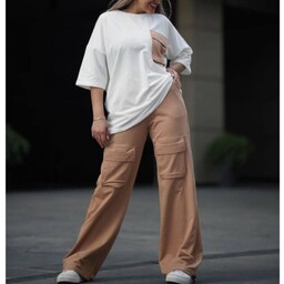 ست تیشرت شلوار زنانه کارگو مدل جیب پاکتی، فری سایز مناسب 36 تا 42