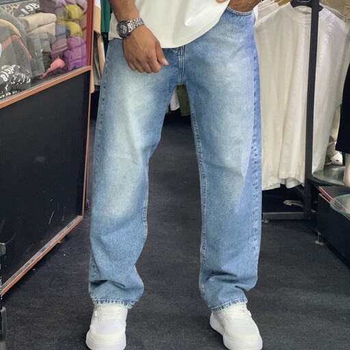 شلوار جین بگ مردانه آبی روشن ساده قد تقریبا105 