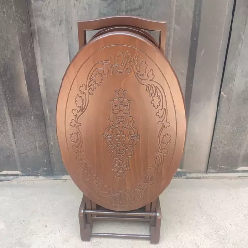 میز عسلی چهارتیکه تاشو بیضی CNC فروش به صورت نقد و اقساط چوب راش گرجستان ضمانت 36 ماهه بسیار شیک و زیبا 