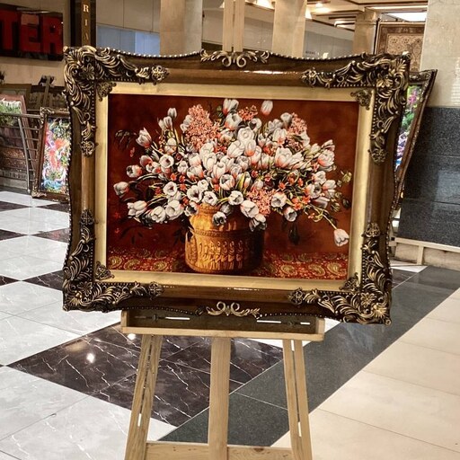 تابلو فرش ماشینی با طرح گلدان گل با قاب چوبی پرند شاخ دار دست ساز 