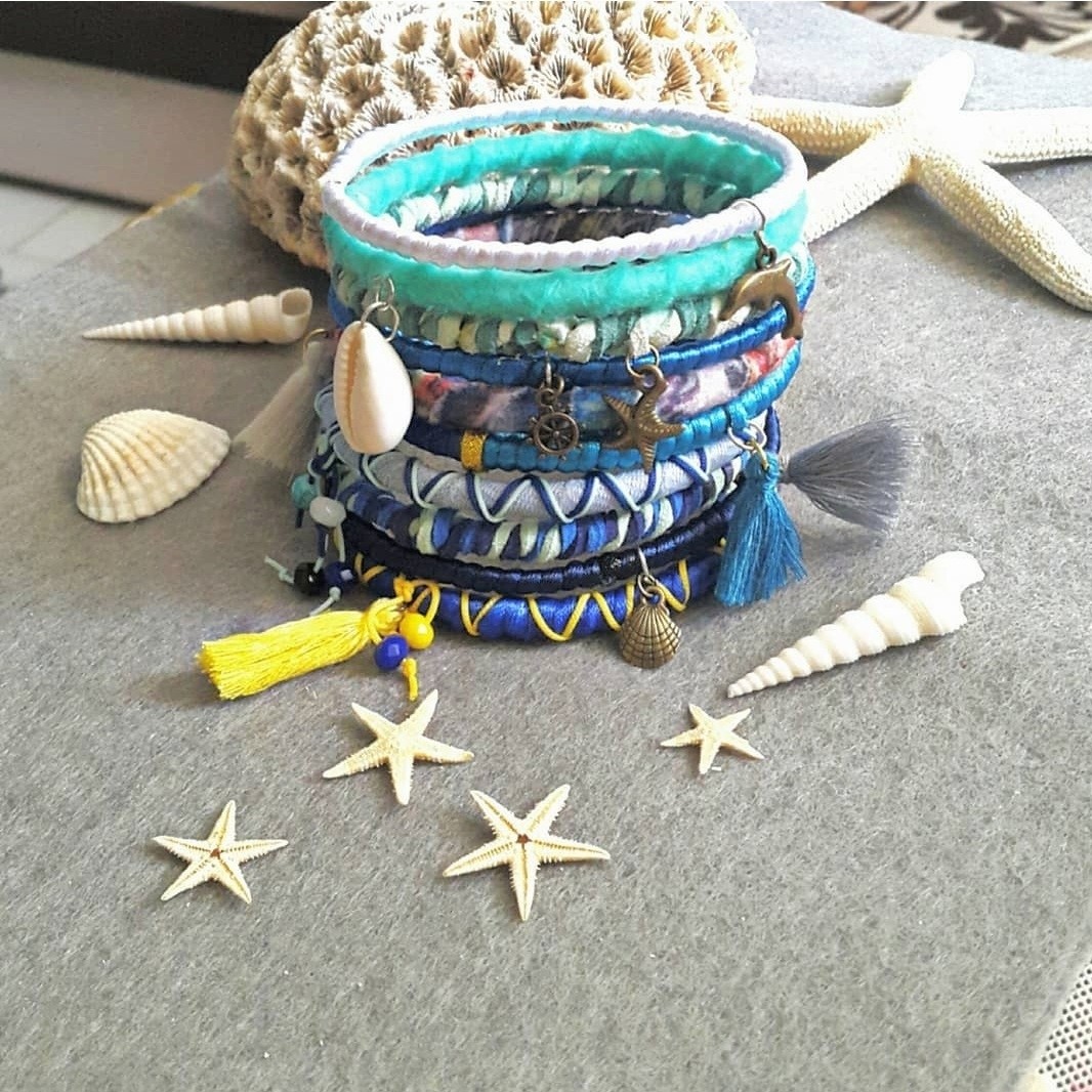 النگو ست دریا 6 (اکسسوری/بنگل/دستبند/بوهو/دخترانه/تکپوش/هندی/رنگی/پشمی/نمدی/نخی/کاموایی/آبی/دریایی/ساحل/سنتی/پهن/دستساز)